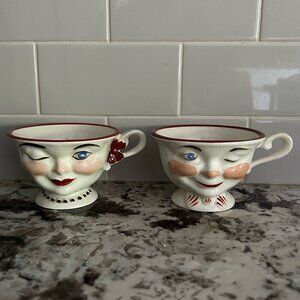 Vintage Set of 2 Staffordshire England Winking Tea Cups